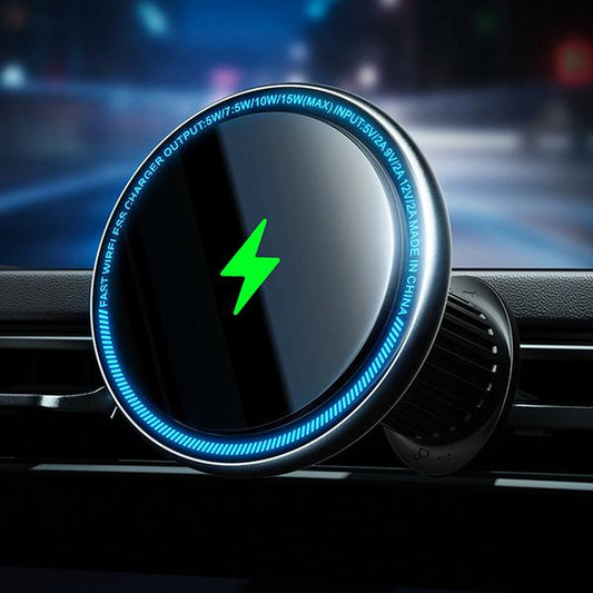 15W Magsafe Wireless Car Charger Mount | 20X Strong Magnetic Hold | LED Decor | Air Vent/Dashboard Phone Holder | Compatible with Iphone 17/15/14/13/12 Series | Silver Car Accessory